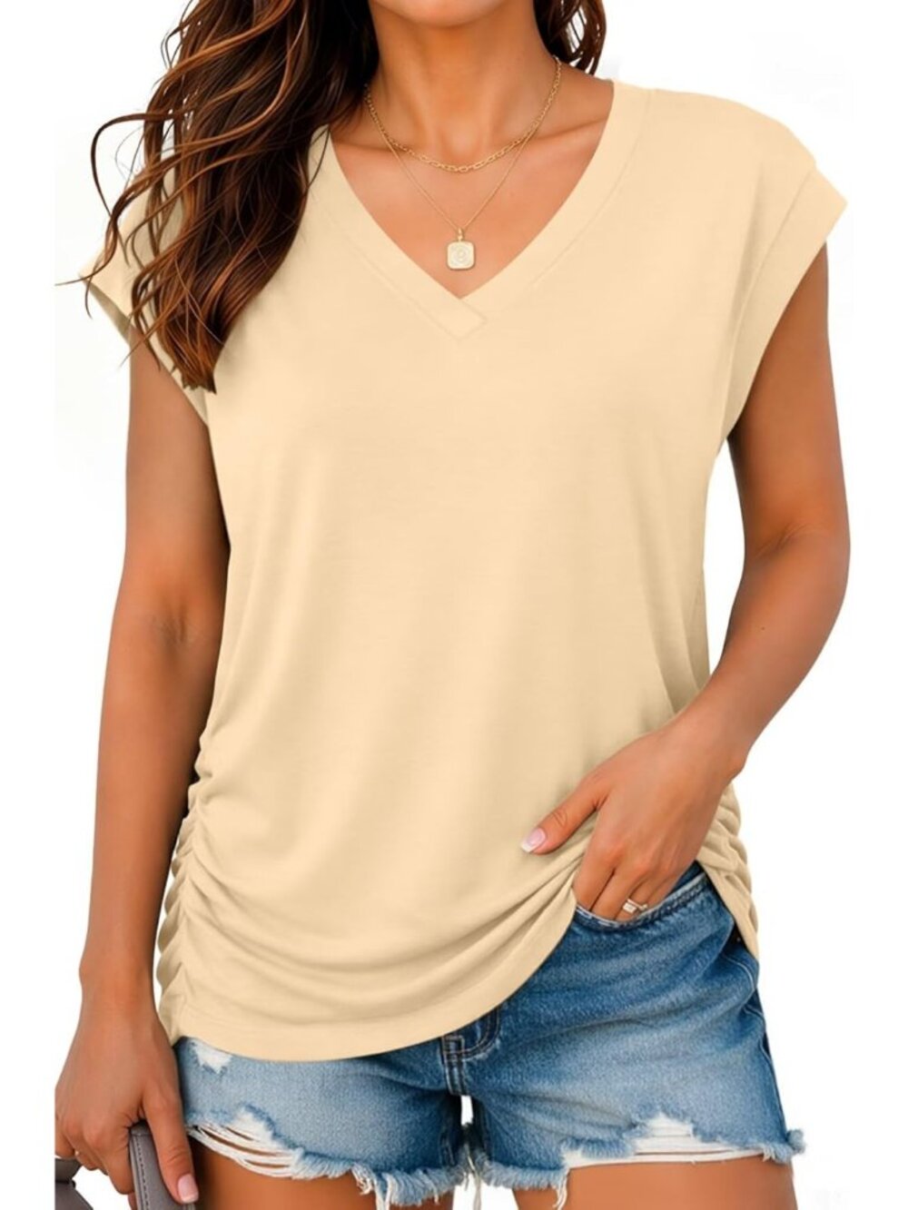 Women's Apricot Elegant V Neck Cap Sleeve T Shirt Trendy Business Casual Blouses